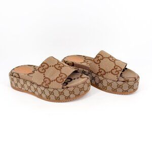 Gucci Angelina Beige GG Maxi Canvas Platform Slide Sandals Size 41 US 11 Women's